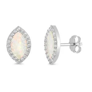 Sterling Silver Elegant Marquise Studded Halo Earrings White Synthetic Opal 925