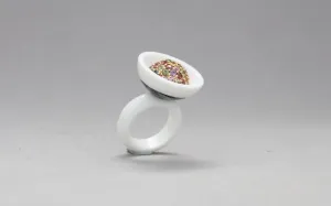 Studio Tara   I   Dali 18K Yellow Gold With Multicolored Sapphires Sphere On White And Black Corian Ring