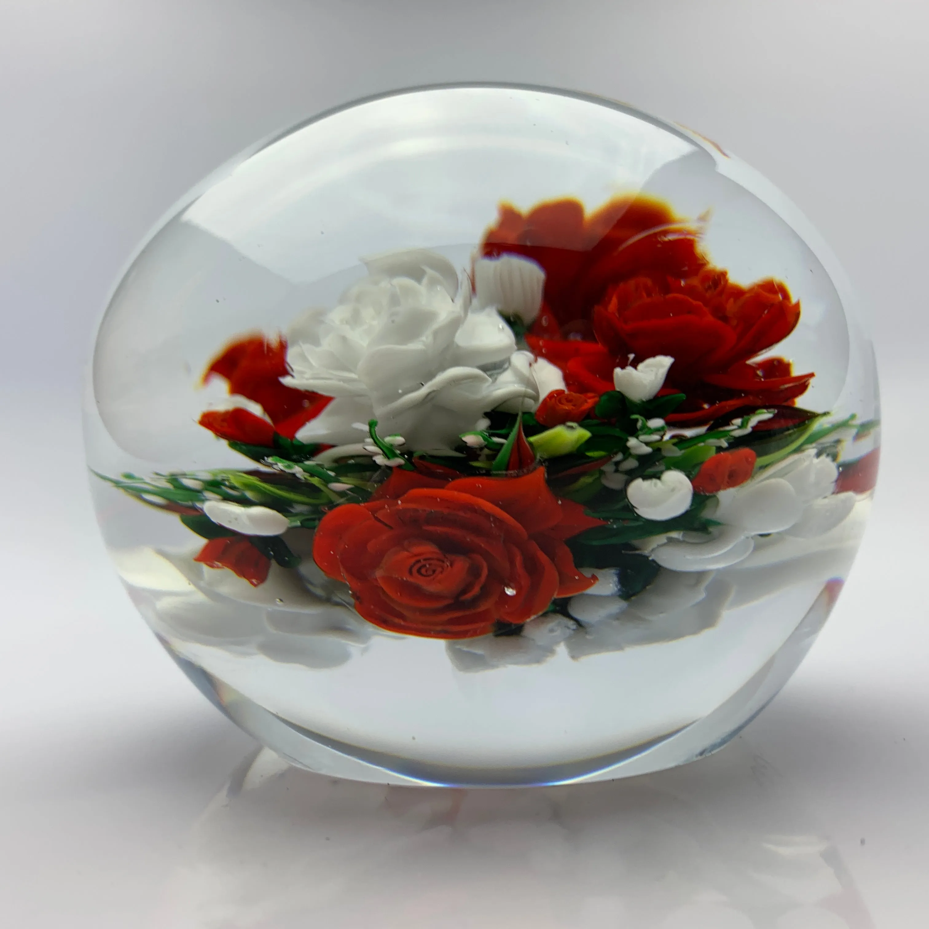 Super Magnum Rick Ayotte Double Sided Glass Art Paperweight Flamework Red & White Rose Bouquet "American Beauty"