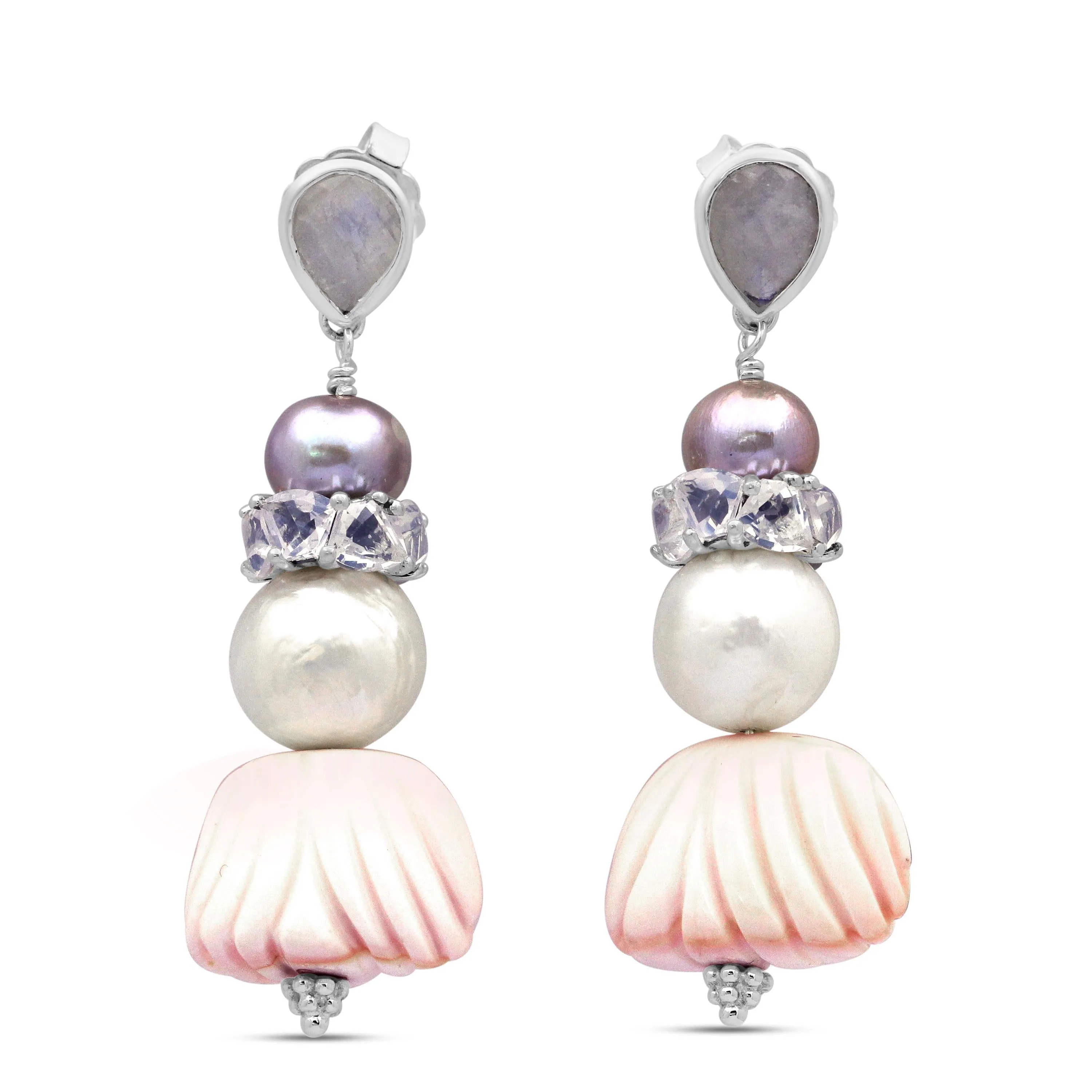 TerrAquatic Rainbow Moonstone Multi-Hued Pearl Lavender Moon Quartz and Hand Carved Conch Shell Earrings in Sterling Silver
