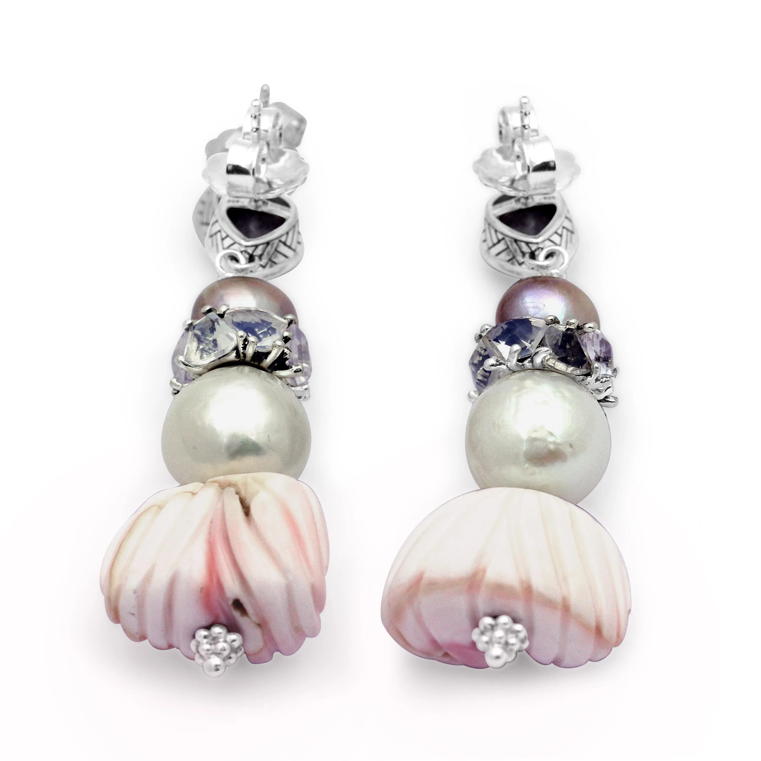 TerrAquatic Rainbow Moonstone Multi-Hued Pearl Lavender Moon Quartz and Hand Carved Conch Shell Earrings in Sterling Silver