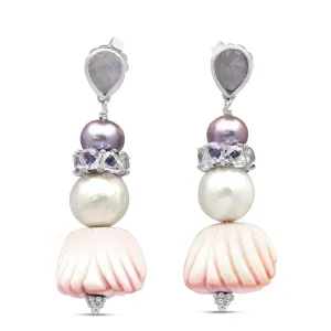TerrAquatic Rainbow Moonstone Multi-Hued Pearl Lavender Moon Quartz and Hand Carved Conch Shell Earrings in Sterling Silver