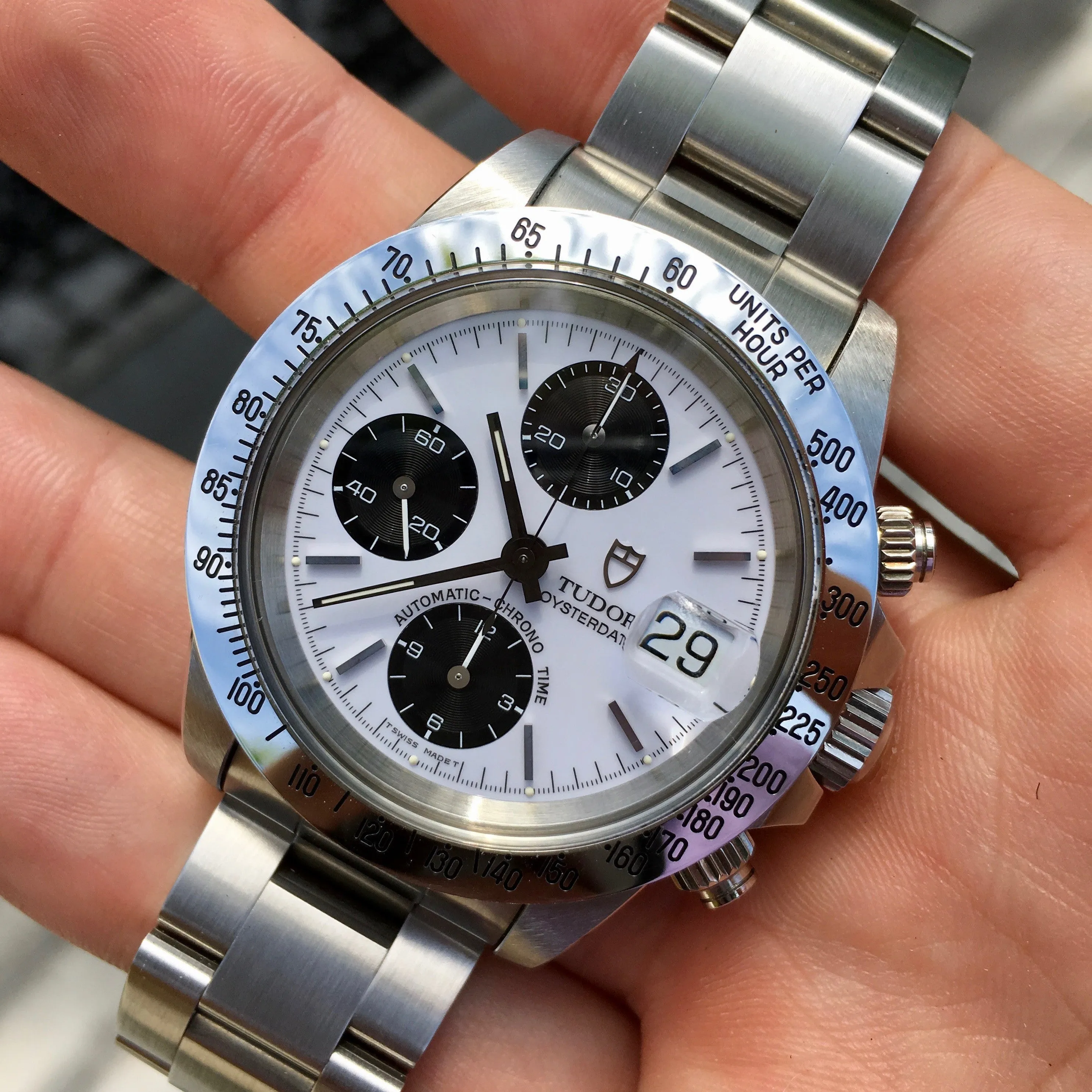 Tudor Big Block 79180 Steel Chronograph Panda Watch Like New Old Stock w/ Box & Papers Circa 1993