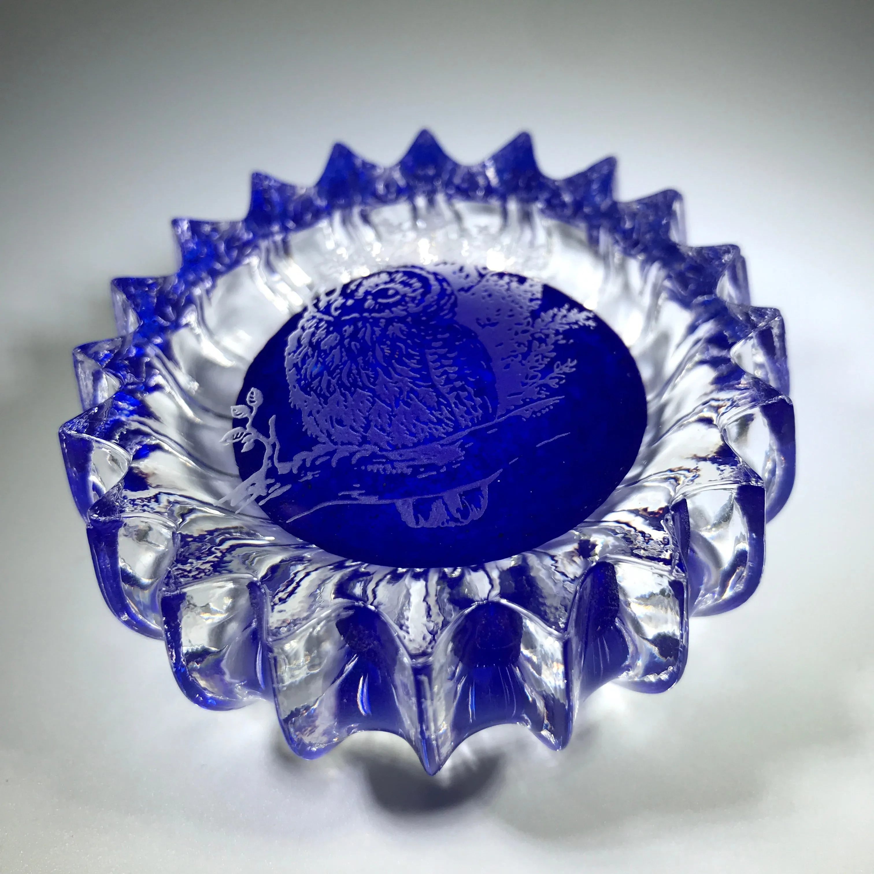 Unknown Scottish Art Glass Paperweight Engraved Owl Blue Pressed Glass
