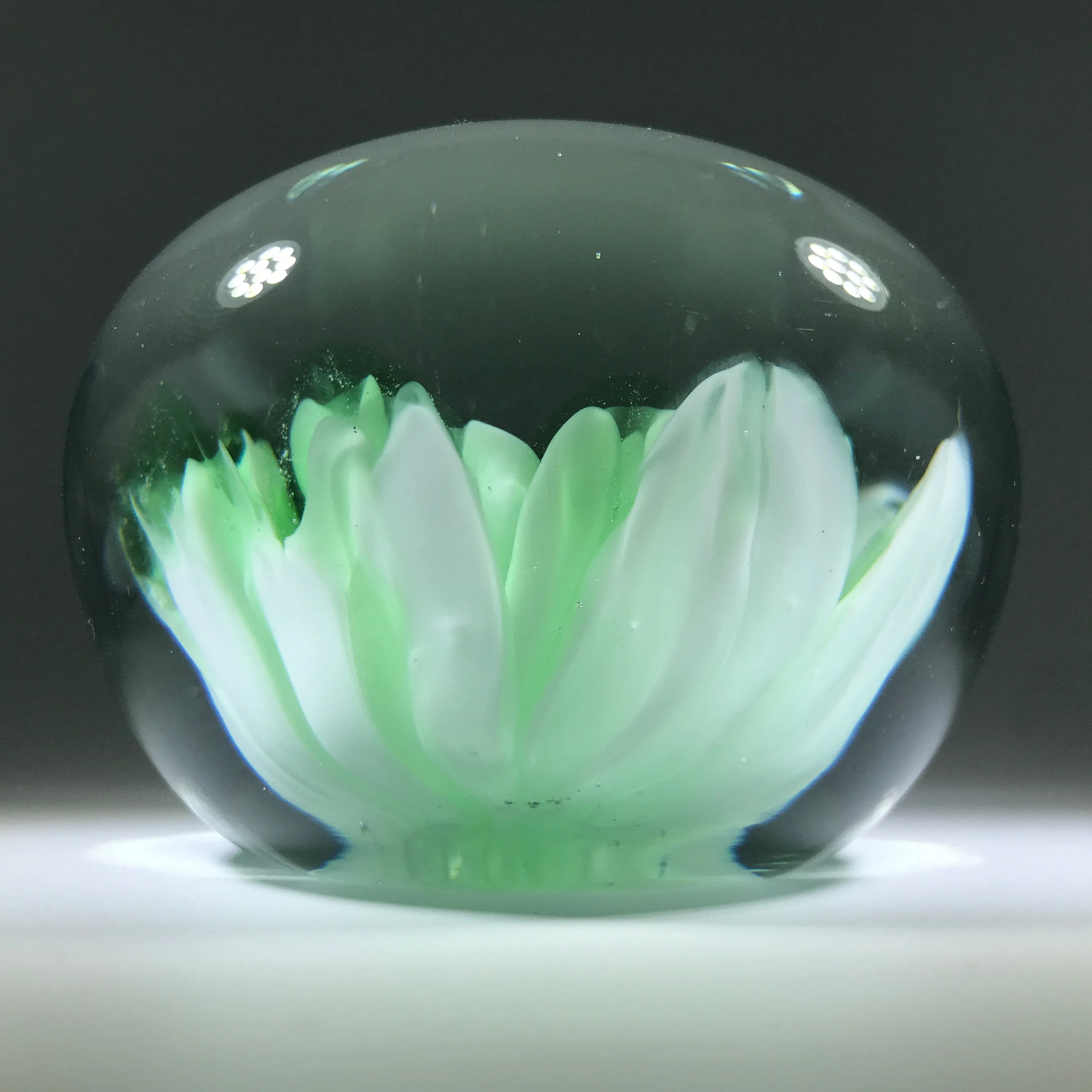 Unsigned Robert Hamon Art Glass Paperweight Pastel Green Crimp Rose Stye Flower