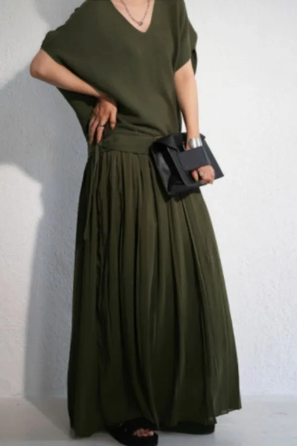 V Neck Chiffon Maxi Dress with Belt(Fit up to 220lbs)