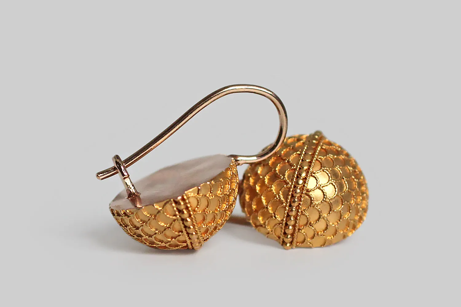 Victorian Era Etruscan Revival Scaled Orbs Drop Earrings in 14k Gold