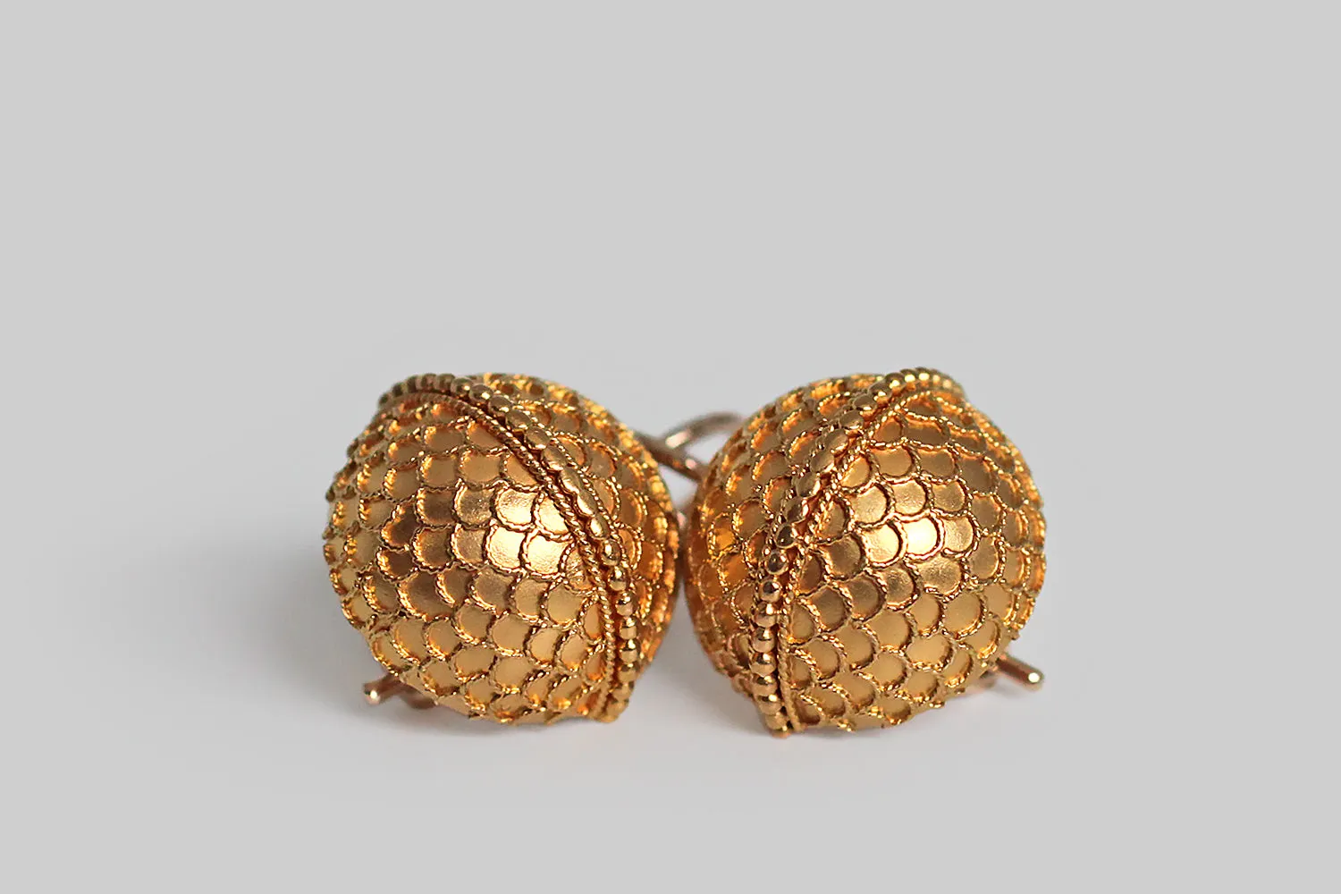 Victorian Era Etruscan Revival Scaled Orbs Drop Earrings in 14k Gold