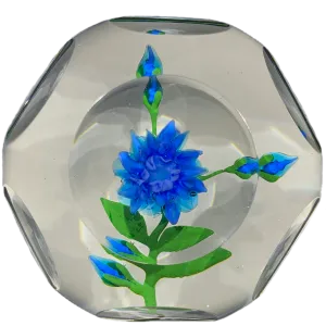 Vintage Harold Hacker Lampwork Stemed Blue Blossom on Clear with 6  1 Faceting
