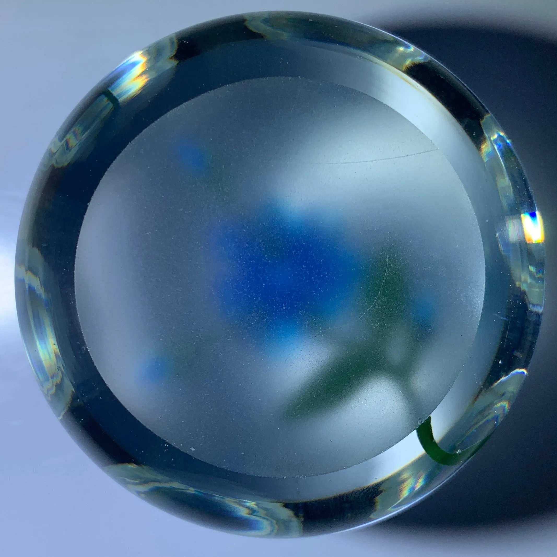 Vintage Harold Hacker Lampwork Stemed Blue Blossom on Clear with 6  1 Faceting
