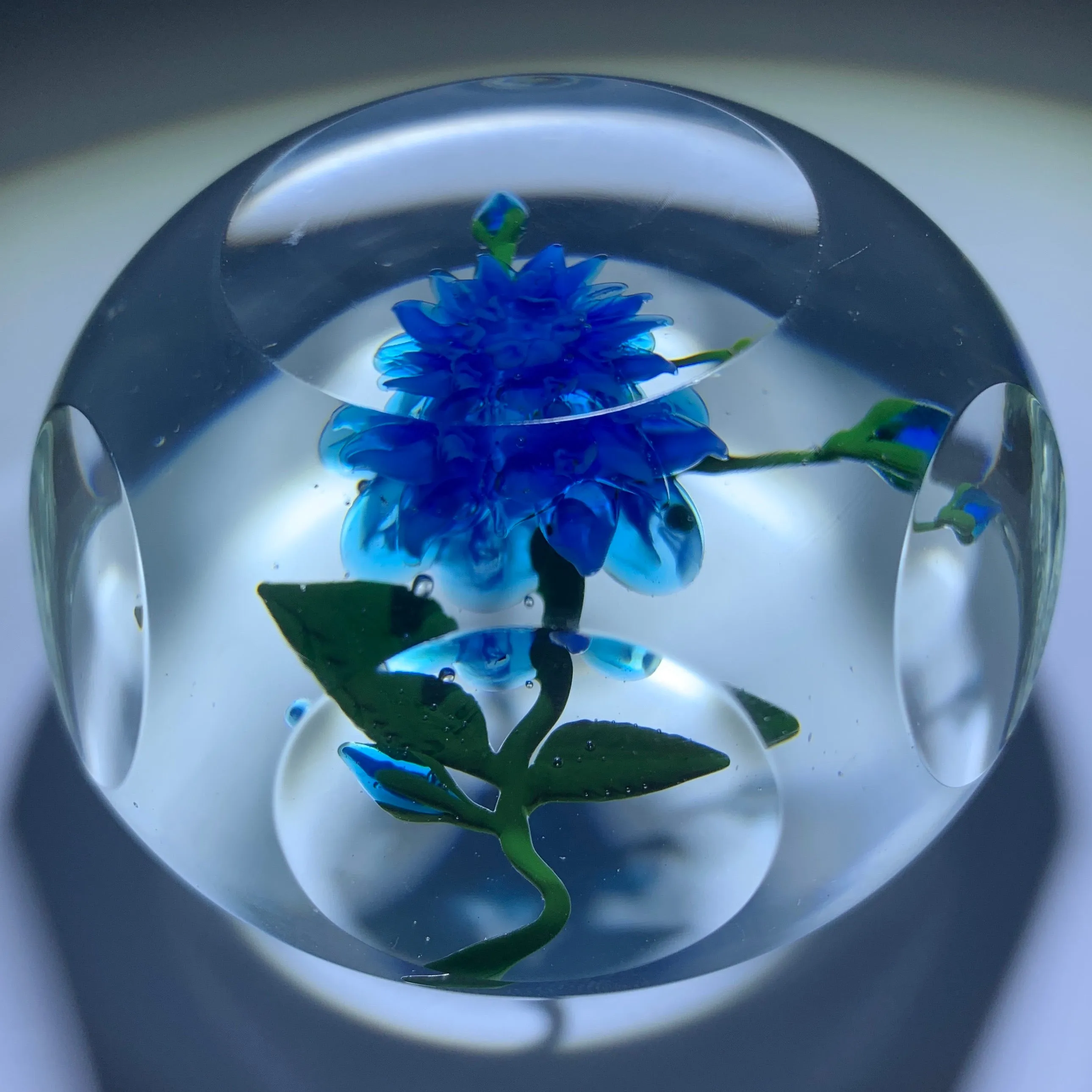 Vintage Harold Hacker Lampwork Stemed Blue Blossom on Clear with 6  1 Faceting