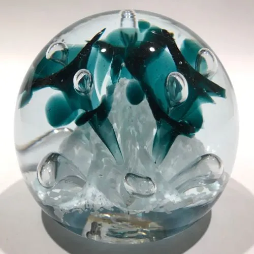 Vintage Monte Dunlavy Art Glass Paperweight Blue Trumpet Flowers on White
