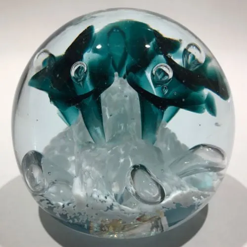 Vintage Monte Dunlavy Art Glass Paperweight Blue Trumpet Flowers on White