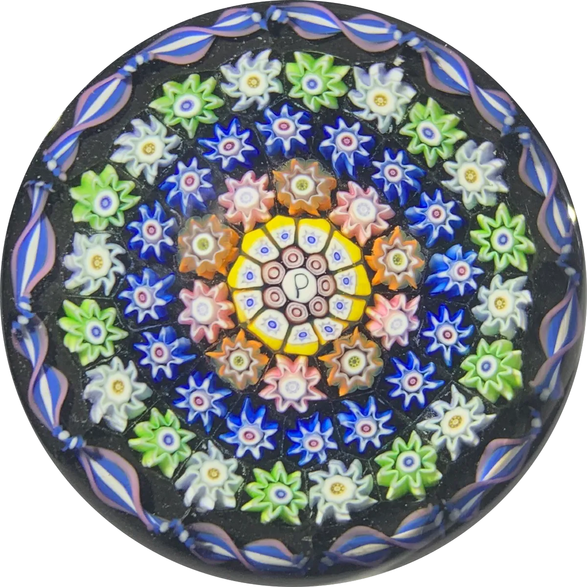 Vintage Perthshire Paperweights PP123 Miniature Concentric Millefiori on Opaque Black