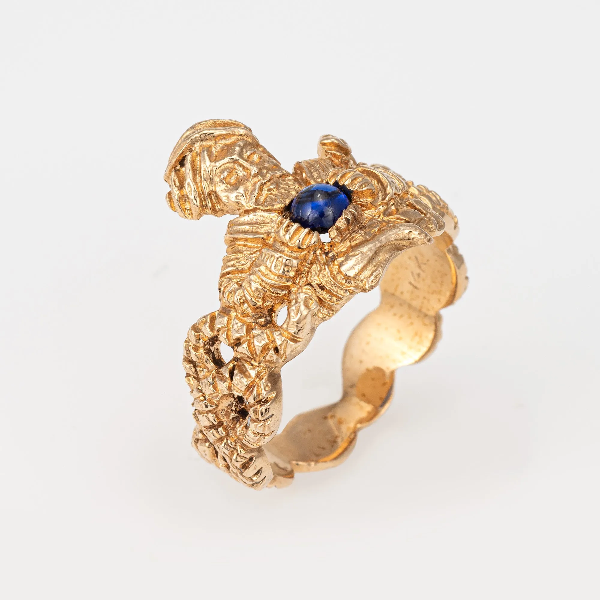 Vintage Snake Charmer Ring Sapphire Orb Fortune Teller Gypsy Mystical 14k Gold