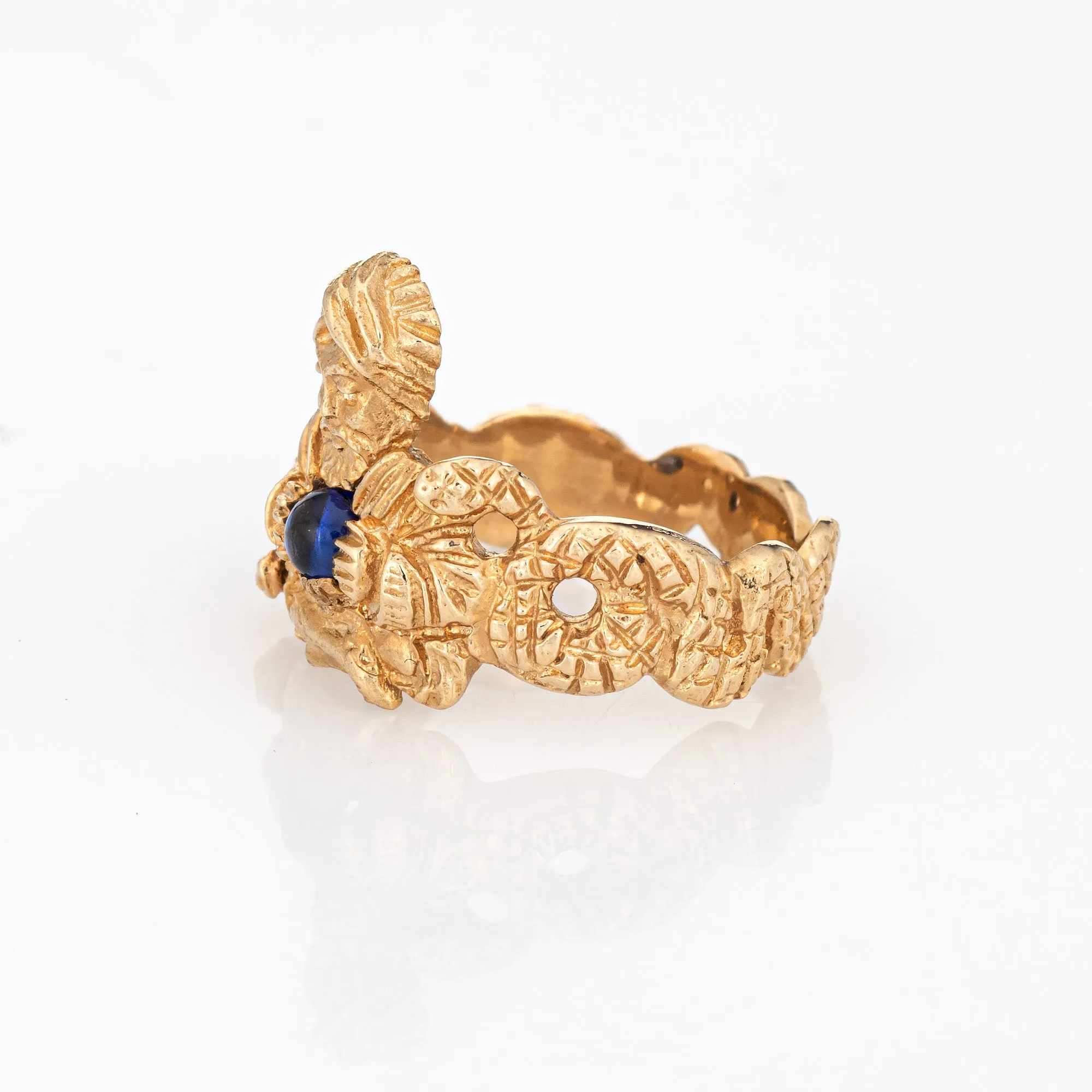 Vintage Snake Charmer Ring Sapphire Orb Fortune Teller Gypsy Mystical 14k Gold
