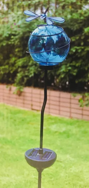 whimsical garden dragonfly solar light stake! Glass orb glows blue automatically at night!
