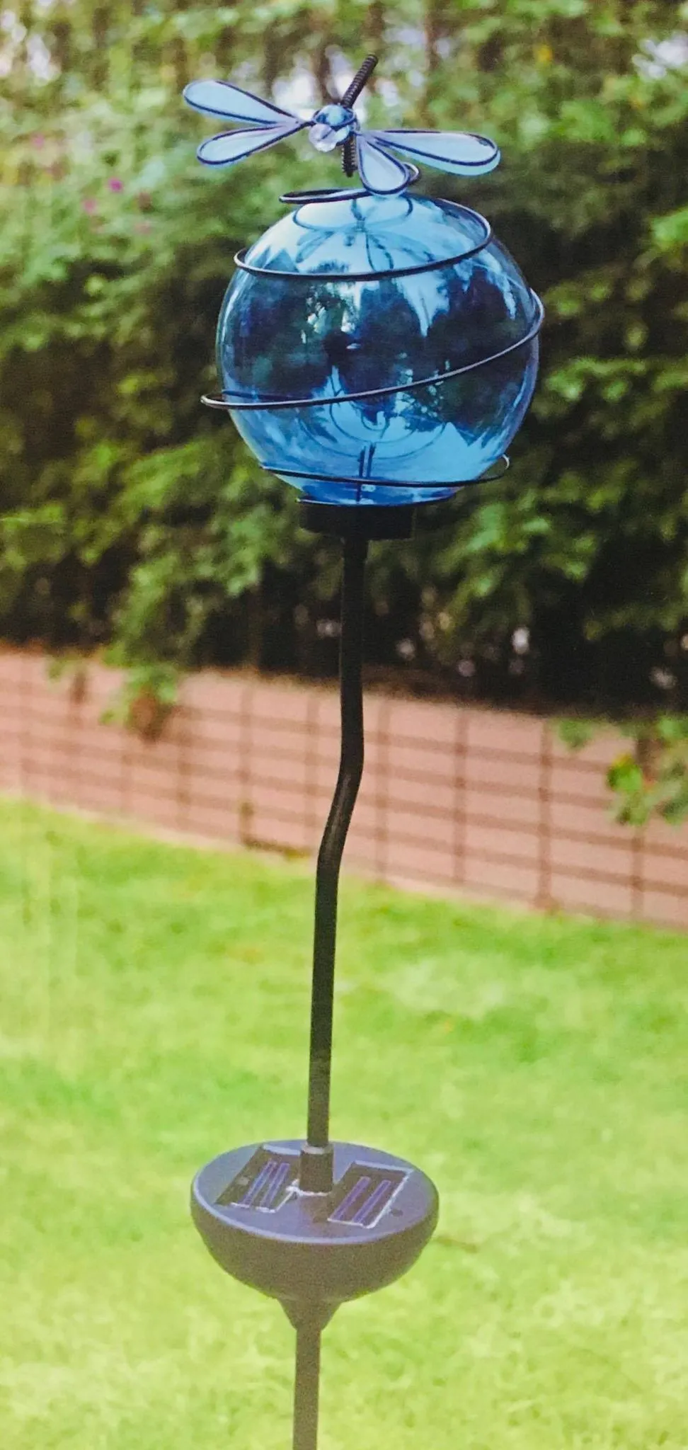 whimsical garden dragonfly solar light stake! Glass orb glows blue automatically at night!
