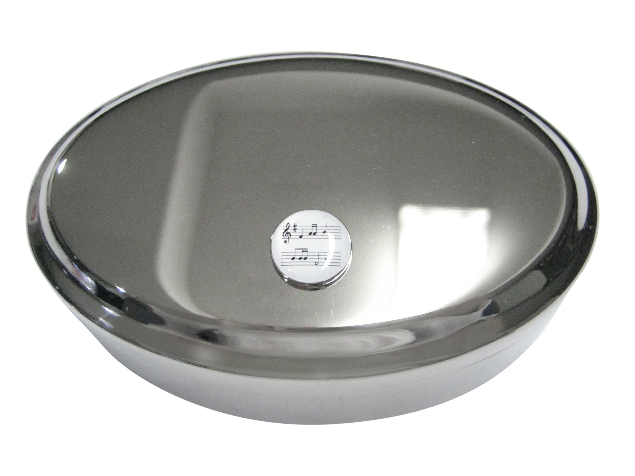 White Toned Circular Music Sheet Oval Trinket Jewelry Box